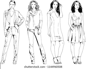 vector drawings on the theme of beautiful slim sporty girl in casual clothes in various poses painted ink hand sketch with no background
