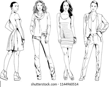 vector drawings on the theme of beautiful slim sporty girl in casual clothes in various poses painted ink hand sketch with no background