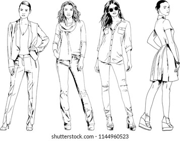 vector drawings on the theme of beautiful slim sporty girl in casual clothes in various poses painted ink hand sketch with no background