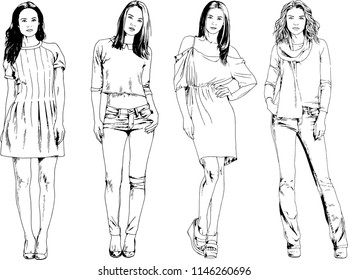 vector drawings on the theme of beautiful slim sporty girl in casual clothes in various poses painted ink hand sketch with no background
