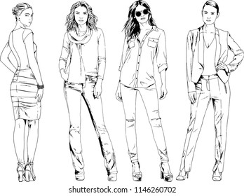 vector drawings on the theme of beautiful slim sporty girl in casual clothes in various poses painted ink hand sketch with no background