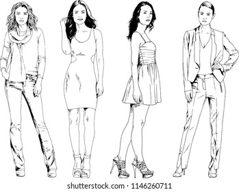 vector drawings on the theme of beautiful slim sporty girl in casual clothes in various poses painted ink hand sketch with no background