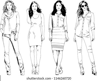 vector drawings on the theme of beautiful slim sporty girl in casual clothes in various poses painted ink hand sketch with no background
