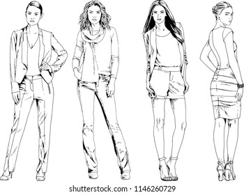 vector drawings on the theme of beautiful slim sporty girl in casual clothes in various poses painted ink hand sketch with no background