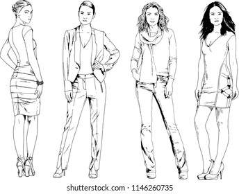 vector drawings on the theme of beautiful slim sporty girl in casual clothes in various poses painted ink hand sketch with no background
