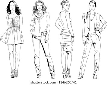 vector drawings on the theme of beautiful slim sporty girl in casual clothes in various poses painted ink hand sketch with no background