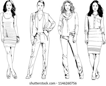 vector drawings on the theme of beautiful slim sporty girl in casual clothes in various poses painted ink hand sketch with no background