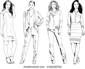 vector drawings on the theme of beautiful slim sporty girl in casual clothes in various poses painted ink hand sketch with no background