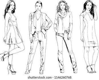 vector drawings on the theme of beautiful slim sporty girl in casual clothes in various poses painted ink hand sketch with no background
