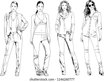 vector drawings on the theme of beautiful slim sporty girl in casual clothes in various poses painted ink hand sketch with no background