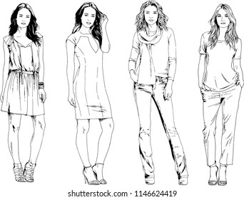 vector drawings on the theme of beautiful slim sporty girl in casual clothes in various poses painted ink hand sketch with no background