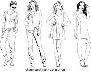 vector drawings on the theme of beautiful slim sporty girl in casual clothes in various poses painted ink hand sketch with no background