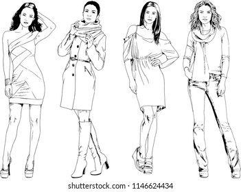 vector drawings on the theme of beautiful slim sporty girl in casual clothes in various poses painted ink hand sketch with no background
