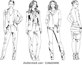 vector drawings on the theme of beautiful slim sporty girl in casual clothes in various poses painted ink hand sketch with no background