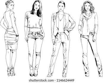 vector drawings on the theme of beautiful slim sporty girl in casual clothes in various poses painted ink hand sketch with no background
