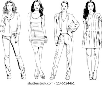 vector drawings on the theme of beautiful slim sporty girl in casual clothes in various poses painted ink hand sketch with no background