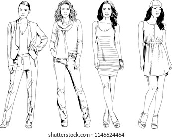 vector drawings on the theme of beautiful slim sporty girl in casual clothes in various poses painted ink hand sketch with no background