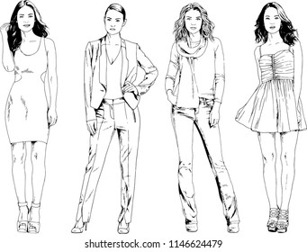 vector drawings on the theme of beautiful slim sporty girl in casual clothes in various poses painted ink hand sketch with no background