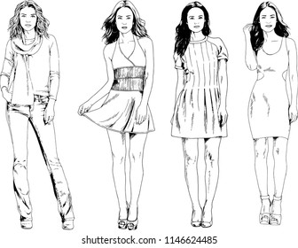 vector drawings on the theme of beautiful slim sporty girl in casual clothes in various poses painted ink hand sketch with no background