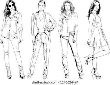 vector drawings on the theme of beautiful slim sporty girl in casual clothes in various poses painted ink hand sketch with no background