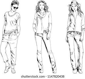 vector drawings on the theme of beautiful slim sporty girl in casual clothes in various poses painted ink hand sketch with no background
