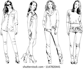 vector drawings on the theme of beautiful slim sporty girl in casual clothes in various poses painted ink hand sketch with no background