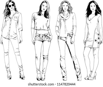 vector drawings on the theme of beautiful slim sporty girl in casual clothes in various poses painted ink hand sketch with no background