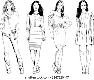 vector drawings on the theme of beautiful slim sporty girl in casual clothes in various poses painted ink hand sketch with no background