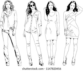 vector drawings on the theme of beautiful slim sporty girl in casual clothes in various poses painted ink hand sketch with no background