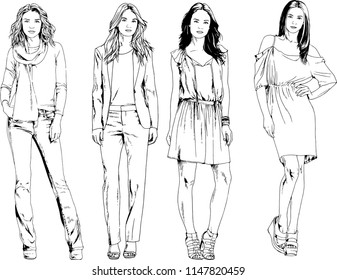 vector drawings on the theme of beautiful slim sporty girl in casual clothes in various poses painted ink hand sketch with no background