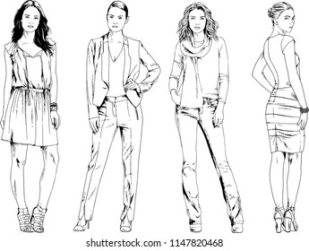 vector drawings on the theme of beautiful slim sporty girl in casual clothes in various poses painted ink hand sketch with no background