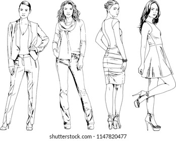vector drawings on the theme of beautiful slim sporty girl in casual clothes in various poses painted ink hand sketch with no background