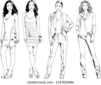 vector drawings on the theme of beautiful slim sporty girl in casual clothes in various poses painted ink hand sketch with no background