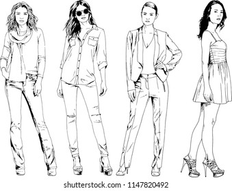 vector drawings on the theme of beautiful slim sporty girl in casual clothes in various poses painted ink hand sketch with no background