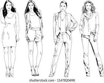 vector drawings on the theme of beautiful slim sporty girl in casual clothes in various poses painted ink hand sketch with no background