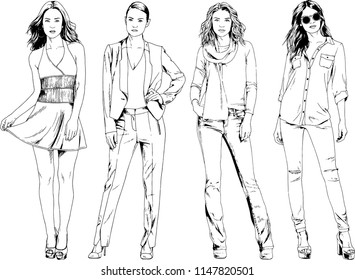 vector drawings on the theme of beautiful slim sporty girl in casual clothes in various poses painted ink hand sketch with no background