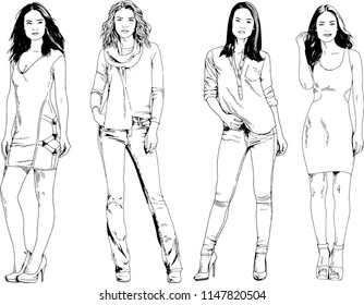 vector drawings on the theme of beautiful slim sporty girl in casual clothes in various poses painted ink hand sketch with no background