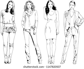 vector drawings on the theme of beautiful slim sporty girl in casual clothes in various poses painted ink hand sketch with no background