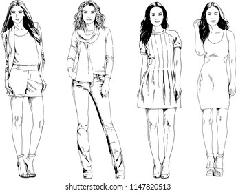 vector drawings on the theme of beautiful slim sporty girl in casual clothes in various poses painted ink hand sketch with no background