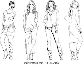 vector drawings on the theme of beautiful slim sporty girl in casual clothes in various poses painted ink hand sketch with no background