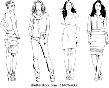 vector drawings on the theme of beautiful slim sporty girl in casual clothes in various poses painted ink hand sketch with no background
