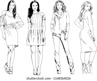 vector drawings on the theme of beautiful slim sporty girl in casual clothes in various poses painted ink hand sketch with no background
