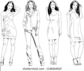 vector drawings on the theme of beautiful slim sporty girl in casual clothes in various poses painted ink hand sketch with no background