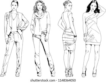 vector drawings on the theme of beautiful slim sporty girl in casual clothes in various poses painted ink hand sketch with no background