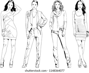 vector drawings on the theme of beautiful slim sporty girl in casual clothes in various poses painted ink hand sketch with no background