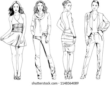 vector drawings on the theme of beautiful slim sporty girl in casual clothes in various poses painted ink hand sketch with no background