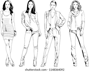 vector drawings on the theme of beautiful slim sporty girl in casual clothes in various poses painted ink hand sketch with no background