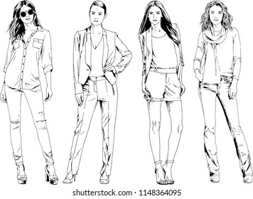 vector drawings on the theme of beautiful slim sporty girl in casual clothes in various poses painted ink hand sketch with no background