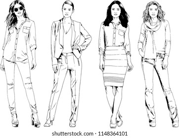 vector drawings on the theme of beautiful slim sporty girl in casual clothes in various poses painted ink hand sketch with no background