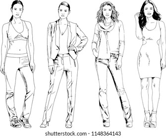 vector drawings on the theme of beautiful slim sporty girl in casual clothes in various poses painted ink hand sketch with no background